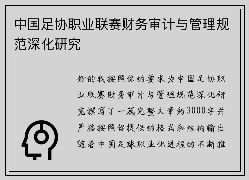 中国足协职业联赛财务审计与管理规范深化研究 中国足协职业联赛财务审计与管理规范深化研究
